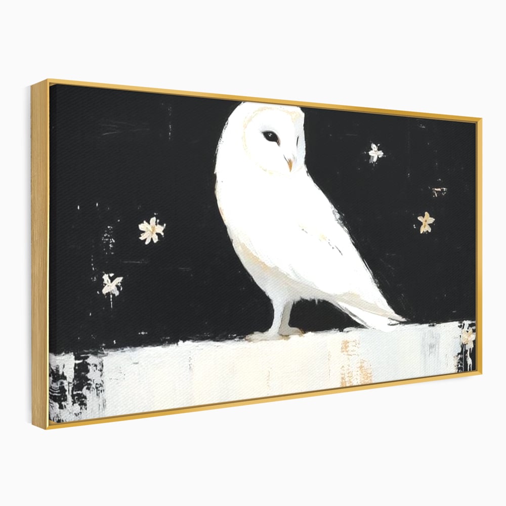 Tablou canvas cu tablou canvas cu bufnita alba, in rama de aluminiu auriu